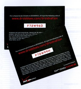 droid_codes Try these codes from two extra cards I got. They haven't been used yet! If you win tickets off them, please leave a comment below to let us know